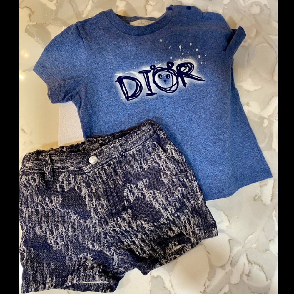 Dior Baby Monogram Denim showers with Dior logo T-shirt.